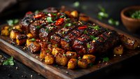 Grilled pork ribs glazed with barbecue sauce, served on wooden board with roasted potatoes and fresh herbs, dark moody food photography style.