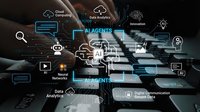Business professional using laptop with AI agents and data analytics technology overlay icons for digital transformation and automation solutions.