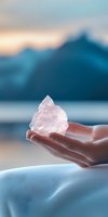 Raw rose quartz crystal held in feminine hand against serene mountain landscape at sunset, soft pink and blue tones create magical healing atmosphere.