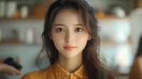 Young Asian woman with long brown hair wearing orange polka dot blouse in cozy kitchen setting with soft natural lighting and blurred background.