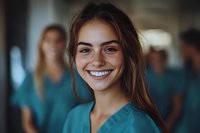 Young female medical professional in turquoise scrubs smiling warmly at camera with colleagues in background, representing healthcare teamwork and positive workplace atmosphere.