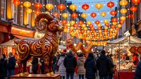 Ornate red and gold dragon sculpture at festive street market with colorful lanterns overhead and crowds celebrating traditional holiday festival.