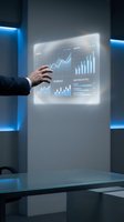 Businessman in dark suit interacting with holographic display showing financial analytics, growth charts, and performance metrics in modern office environment with blue neon lighting.