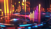 Glowing neon bar graph visualization with vibrant orange and purple light effects on dark reflective surface, showing financial or data analytics statistics.