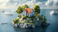 Small house with red roof on rocky island surrounded by calm blue water and lush green trees under cloudy sky for real estate and vacation concepts.