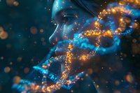Glowing DNA helix structure with female face silhouette in blue and orange colors against dark background, science and genetics concept visualization.