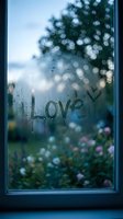 Love written on a foggy window with a heart, blurred garden and trees in background, romantic rainy day mood.