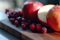 Fresh red apples and ripe cranberries on wooden cutting board, shallow depth of field creates soft dreamy atmosphere for food photography and design.