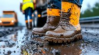 Muddy work boots with yellow safety stripes standing in wet construction site, close-up view with blurred worker and vehicle in background. For industrial safety concepts.