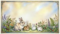 Cute rabbits and bunnies surrounded by wildflowers, lavender, and ferns in a garden setting. Isolated illustration on white background, ready for children's books, nursery decor, greeting cards, and fabric design projects.