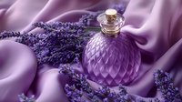Purple glass perfume bottle with diamond pattern surrounded by fresh lavender flowers on flowing silk fabric, creating luxurious spa and beauty composition.
