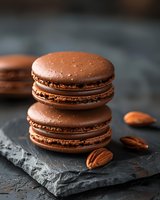 Chocolate macarons stacked on dark slate stone with scattered almonds, moody lighting creates depth and texture in close-up food photography for culinary marketing.