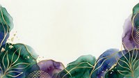 Watercolor botanical border with emerald and sapphire leaves, gold accents, and purple fluid washes on white background. Isolated design element for invitations, cards, and digital projects.
