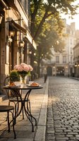 Outdoor café table with pink roses in vase, pastries, and black bistro chairs on cobblestone street during golden hour. Perfect for hospitality, travel, and lifestyle marketing.