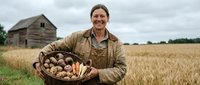 Happy female farmer holding wicker basket full of fresh potatoes and carrots in golden wheat field with rustic barn background during harvest season.