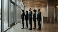Diverse business team standing in line in modern office lobby looking through large windows at city view during corporate meeting or presentation.