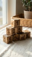 Wooden blocks with engraved financial symbols, numbers, dollar, euro signs and percent stacked in pyramid on linen surface near window.