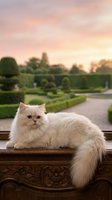 Fluffy white Persian cat resting on ornate wooden bench in formal garden during golden hour sunset with manicured hedges and pathways in background.