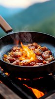 Juicy meat chunks sizzling in cast iron pan with bright flames against blurred mountain backdrop, outdoor cooking experience.