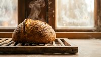 Freshly baked artisan bread loaf cooling on wooden rack with steam rising in warm kitchen sunlight for bakery and homemade cooking concepts.