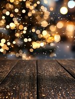 Rustic wooden table with magical golden bokeh lights and sparkles in dark background, creating festive holiday atmosphere for product display or celebration.