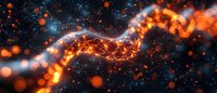 Glowing orange neural network connection with light particles floating in dark space, depicting artificial intelligence and digital brain synapses.