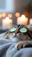 Fluffy cat relaxing with cucumber slices on eyes against soft bokeh lights background, lying on cozy blanket. Wellness and spa concept for pets.