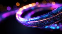 Abstract glowing fiber optic cables with purple and blue light trails creating dynamic energy flow against dark background with bokeh effects.