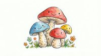 Colorful cartoon mushrooms with cute faces growing together in grass with small flowers on white background isolated for design projects.
