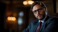 Professional middle-aged Caucasian businessman with glasses and beard in dark suit and red tie, confident executive portrait in modern office setting.
