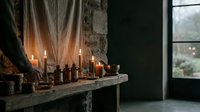 Cozy rustic interior with burning candles on wooden shelf creating warm ambient lighting atmosphere for home decor and relaxation.