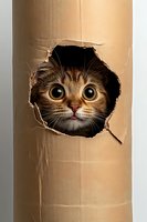 Tabby cat peeking through hole in cardboard tube, isolated on white background, ready for design use on merchandise, posters, and promotional materials.