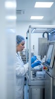 Female scientist in protective gear operating advanced laboratory equipment in sterile pharmaceutical research facility for drug development and testing.