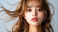 Young Asian woman with flowing blonde hair and bangs in motion against neutral background for beauty and fashion concepts.