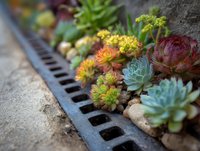 Colorful succulent plants growing along drainage grate, featuring echeveria, sempervivum, and sedum varieties in garden landscaping.