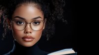 Young African American woman with curly hair wearing glasses and turtleneck sweater holding coffee cup against dark background for lifestyle concepts.