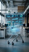 Shopping cart with holographic data analytics dashboard in modern office space showcasing digital commerce and business intelligence technology.