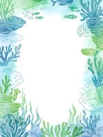 Watercolor underwater frame with coral reef, seaweed and fish in blue and green tones. Marine border with copy space for ocean themed designs.