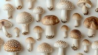 Variety of wild mushrooms arranged on white background in flat lay composition. Natural organic fungi pattern in neutral beige and brown tones.