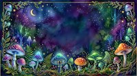 Enchanted forest night sky with glowing mushrooms, crescent moon, and stars surrounded by magical botanical foliage and luminescent plants for fantasy and mystical design projects.