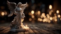 Stone angel statue with spread wings on wooden surface with warm bokeh lights creating peaceful memorial atmosphere for spiritual and religious designs.