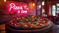 Fresh pepperoni pizza with basil leaves on wooden board, glowing neon sign reading pizza is love in background, warm restaurant ambiance with hanging lights.