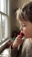 Toddler with light brown hair eating fresh raspberry by sunny window with potted plants, childhood moment, healthy snacking, natural daylight.
