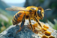 Macro shot of honey bee collecting nectar from honeycomb cells on stone surface. Detailed view shows distinctive black and yellow stripes, wings, and legs in natural setting.