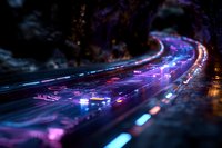 Long exposure night shot of curved highway with flowing car lights creating neon blue and pink light trails against dark background, capturing urban motion.