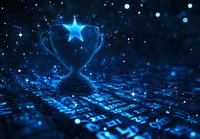 Digital trophy with glowing star on circuit board background with binary code. Futuristic achievement concept in deep blue tech environment with bokeh lights.