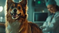 Smiling Pomeranian mix dog at veterinary clinic with blurred doctor in background, warm cinematic lighting creates cozy medical atmosphere.