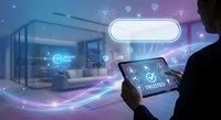 Smart home automation control with tablet interface showing security and connectivity icons in modern digital environment with glowing effects.