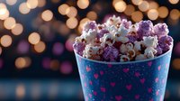 Sweet popcorn with pink and purple sugar coating in decorative paper cup with heart pattern against blurred bokeh lights background for movie night.
