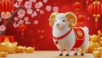 White sheep with golden horns wearing red traditional outfit surrounded by lanterns and gold ingots on red background with cherry blossoms for lunar new year celebration.